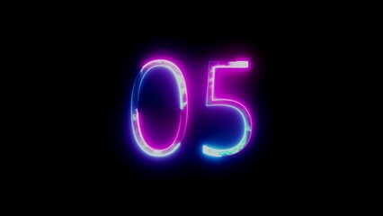 Neon glowing number 05 with blue and pink gradient light effect on black background five