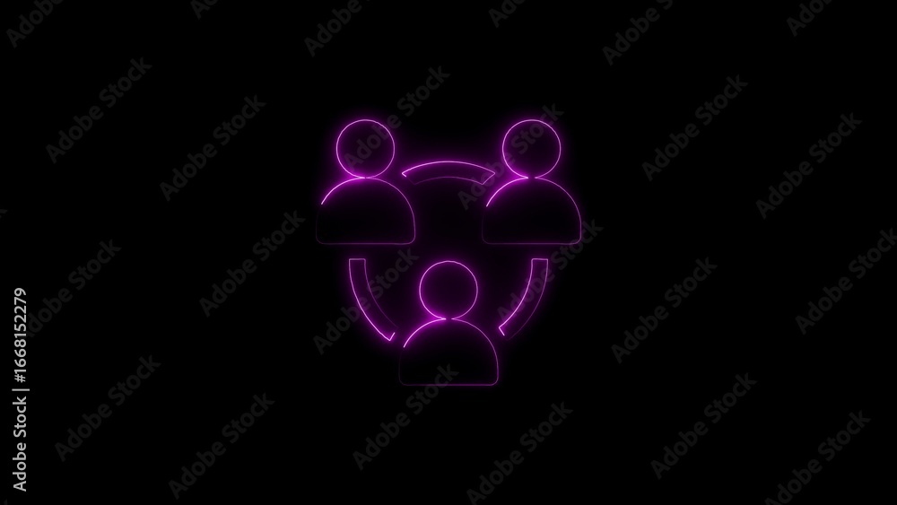 Poster neon pink three person network icon with connecting arcs on black background connection