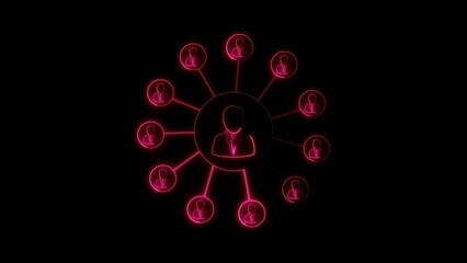 Neon pink glowing network diagram of connected people icons on a black background image