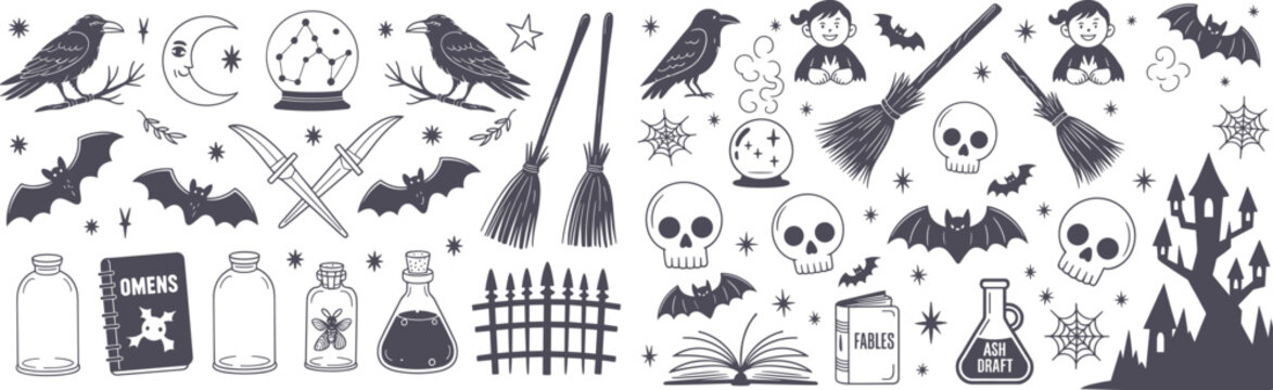 Intricate Halloween night doodle collage filled with bats skulls potions brooms cauldrons pumpkins witches hats castles books cages stars moons and eerie symbols creating a fantasy