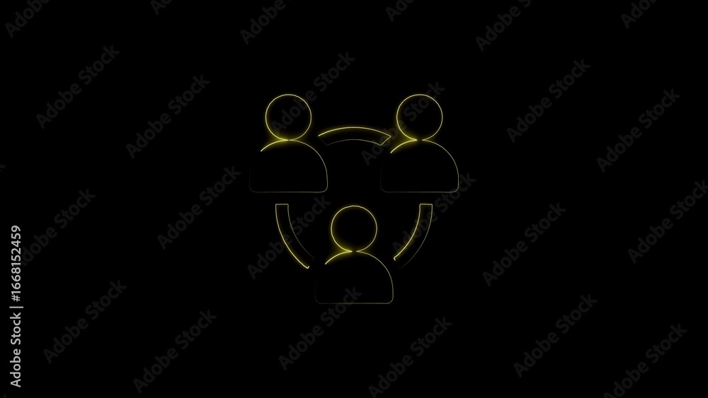 Poster neon yellow three person network icon with connecting arcs on black background connection