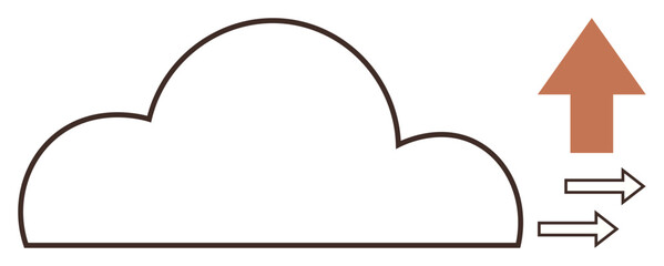 Cloud outline with upward arrow and directional arrows suggests data backup, file sharing, internet access. Ideal for technology, innovation, storage, network, cloud hosting, data transfer simple