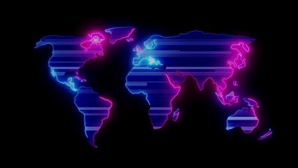 Neon World Map Outline With Blue And Pink Glow On Black Background global earth