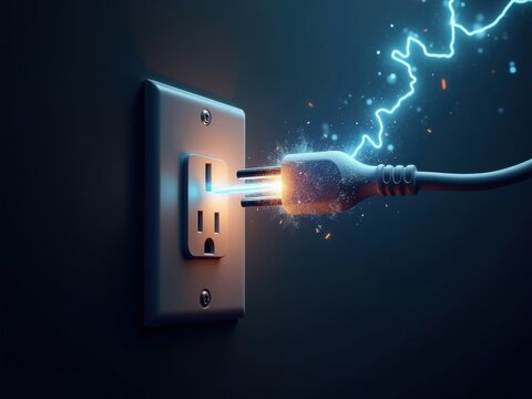 Enchufe el&eacute;ctrico conectado a una toma de corriente, chispas visibles y flujo de energ&iacute;a, fondo oscuro que enfatiza la brillante descarga el&eacute;ctrica