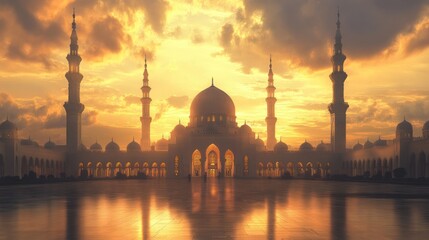 Naklejka premium Majestic mosque at golden sunset, reflected in water