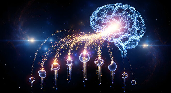 Glowing blue brain with sparkling neurons and vibrant light trails against a dark background with stars. - Powered by Adobe