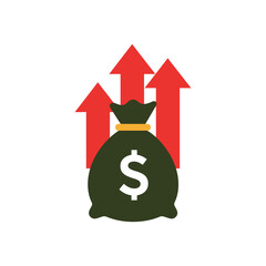 Money bag with dollar sign and rising red arrows indicating growth