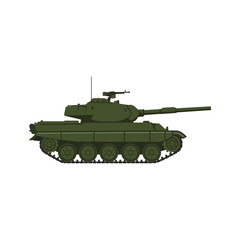 A green military tank with a long gun and tracks on a white background