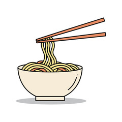 A bowl of noodles with chopsticks picking up a portion