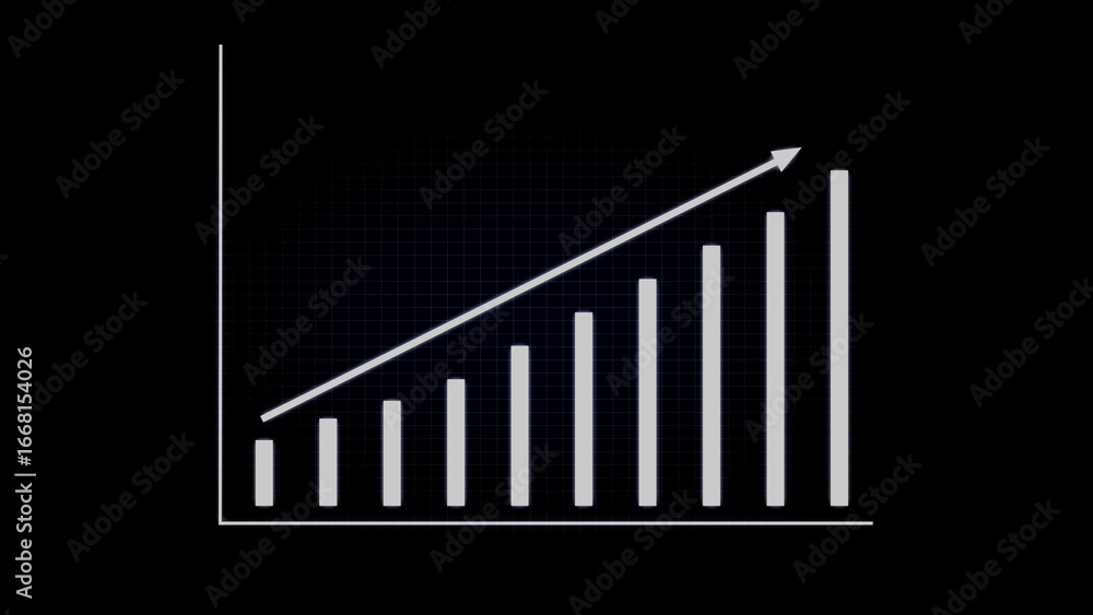 Poster white bar graph showing growth trend with arrow on black grid background chart statistics