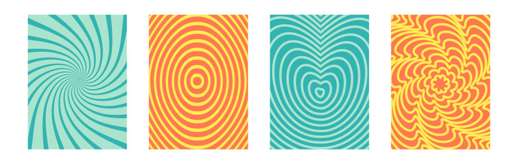 Groovy psychedelic vector artwork with distorted lines in a 60s and 70s hippie style. Funky daisy cover design for Y3K backdrops, yellow and orange flower motifs, and naive funny retro themes.