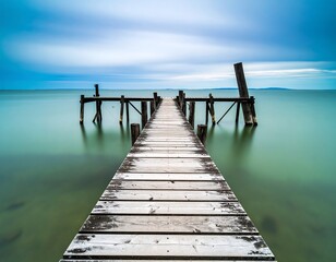 Fototapeta premium Serene long exposure shot of a weathered wooden pier extending into calm, shallow water under a tranquil sky