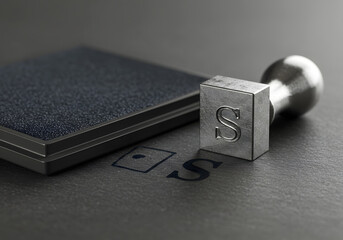 Letter s metal stamp with rubber ink pad on gray surface