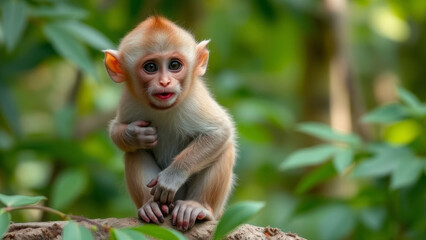 Fototapeta premium Baby monkey perching comfortably on tree branch amid dense tropical greenery, displaying playful wildlife interaction