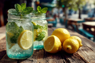 Lemon mint cocktails in glass jars with fresh lemon slices and mint leaves on rustic wooden table in sunny outdoor setting, refreshing summer drink with sparkling bubbles