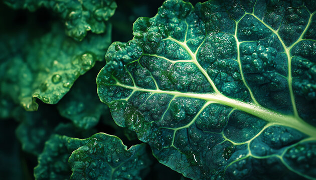 Close-up of vibrant green kale leaf, showcasing intricate veins and textures in natural light, ideal for healthy living themes.