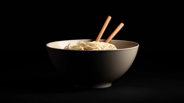 Warm bowl of noodles illuminated against dark background, wooden chopsticks resting gently