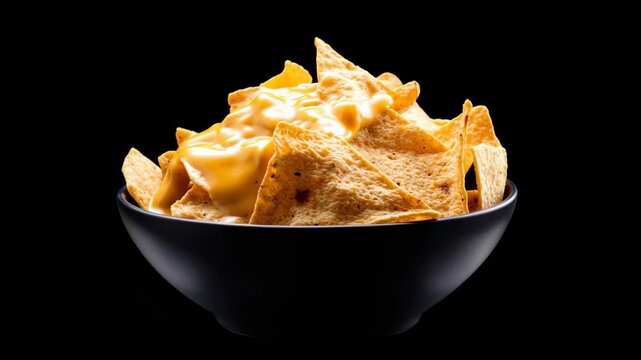Delicious nachos topped with melted cheese in sleek black bowl against dark backdrop