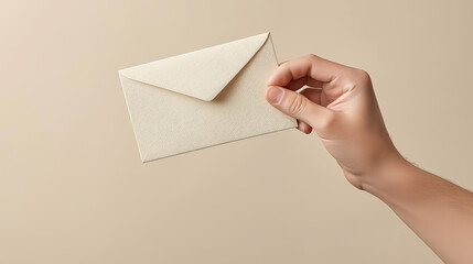 Fototapeta premium Caucasian fingers gripping elegant sealed envelope against neutral backdrop, signaling special communication or event invitation