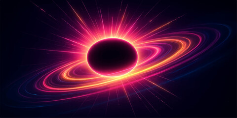 An abstract image of a glowing yellow sun and fiery orange flame with a black background and a red circle
