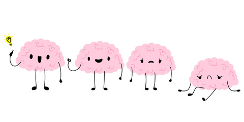 Happy tired depression brain cartoon character. Brain with low charge, depression, burnout, lack energy and power with high energy. Stock vector illustration isolated on white background.