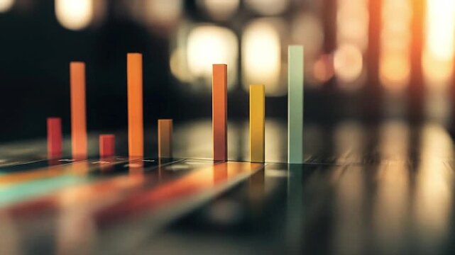 A blurred closeup of a colorful bar graph with warm lighting and reflective surface