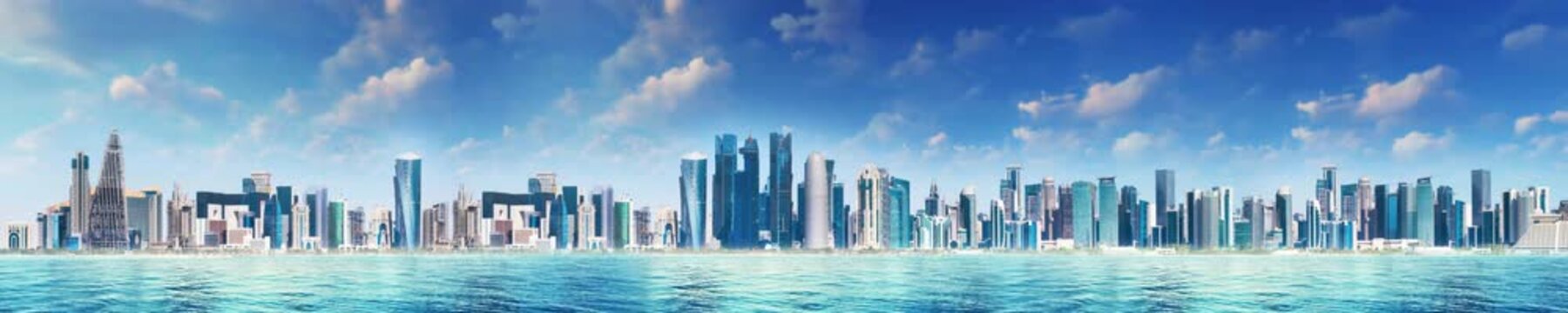City skyline of downtown Doha, Qatar. | panoramic view | looped animation