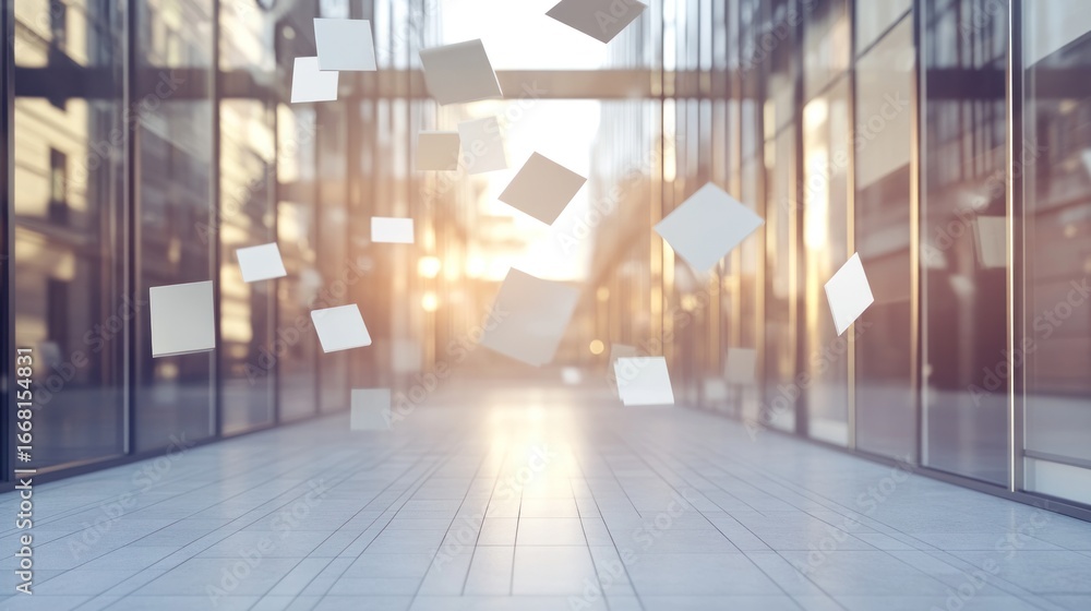 Poster abstract architectural scene with floating squares in a modern glass building