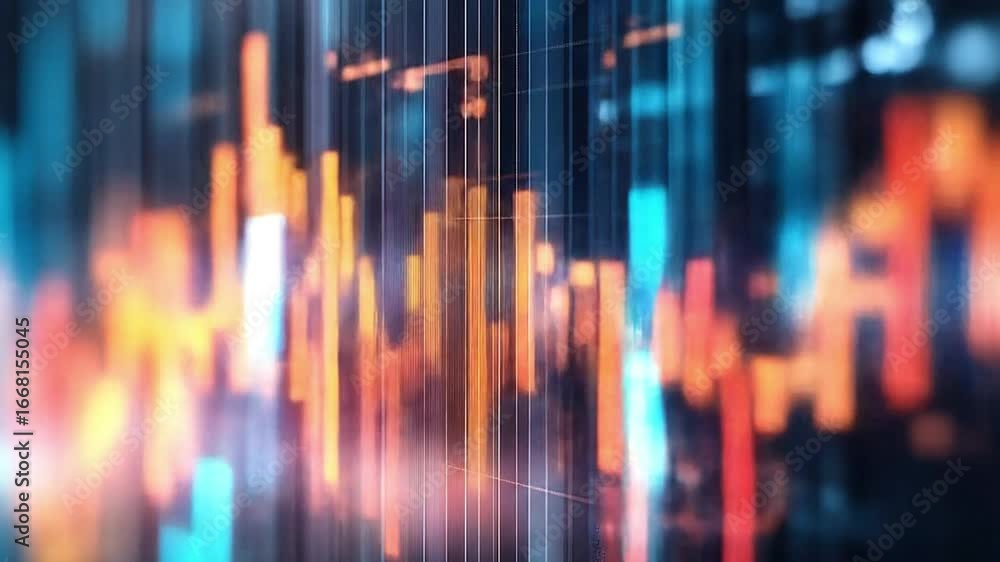 Poster a blurry image with vertical bars in orange and blue on a dark background representing a stock chart