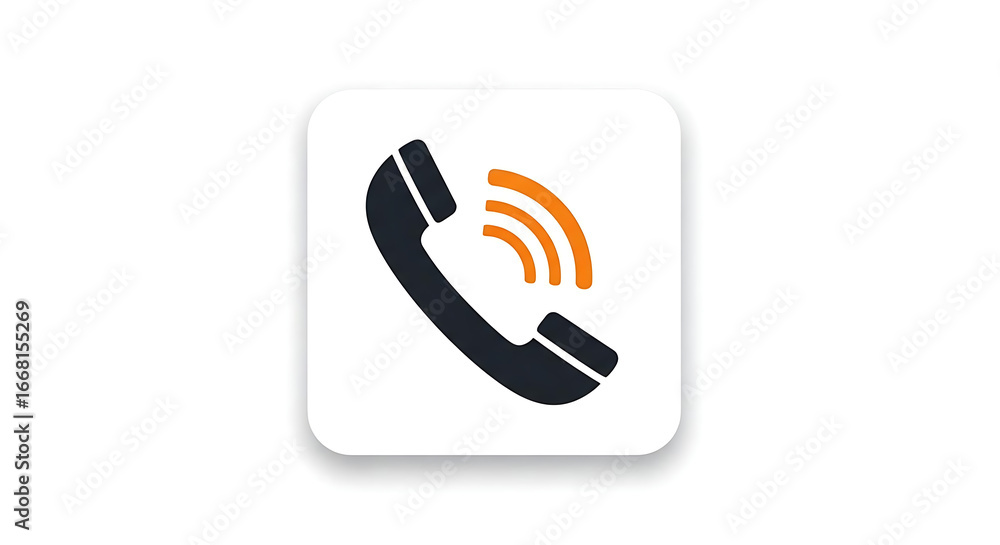 Poster a black phone receiver with orange sound waves on a white rounded square background icon design ai g