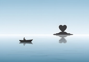 Minimalist silhouette boat approaching heart shaped island on water