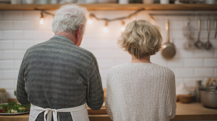 Mature partners preparing festive meal, sharing warm kitchen moment during holiday season, smiling contentedly