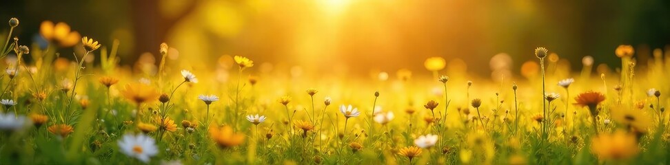 Fototapeta premium A sun-drenched meadow bathed in golden light, wildflowers swaying gently in a soft breeze, conveying a sense of effortless joy and peaceful contentment , effortless joy, sun
