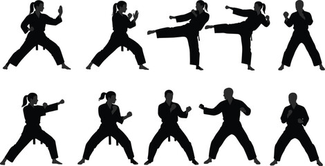 Martial arts training, karate silhouettes, fighting poses, self-defense practice, martial arts workout, combat skills, black belt training, karate techniques © MDALRAFIN