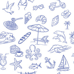 Seamless vector pattern with summer doodles: beach umbrella, dolphins, food, drinks, anchor, scooter and sea elements. Perfect for vacation, travel, holiday and textile design