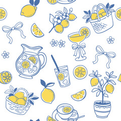 Seamless vector pattern with lemons, citrus drinks, baskets, bows and flowers. Bright summer design for textile, wrapping paper, kitchen decor and fresh fruit themes