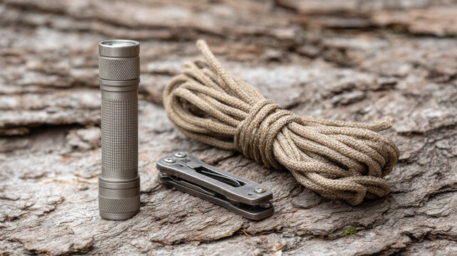 Pocket survival kit including flashlight, multitool and paracord laying on weathered tree bark, essential equipment for outdoor activities and emergencies - Powered by Adobe