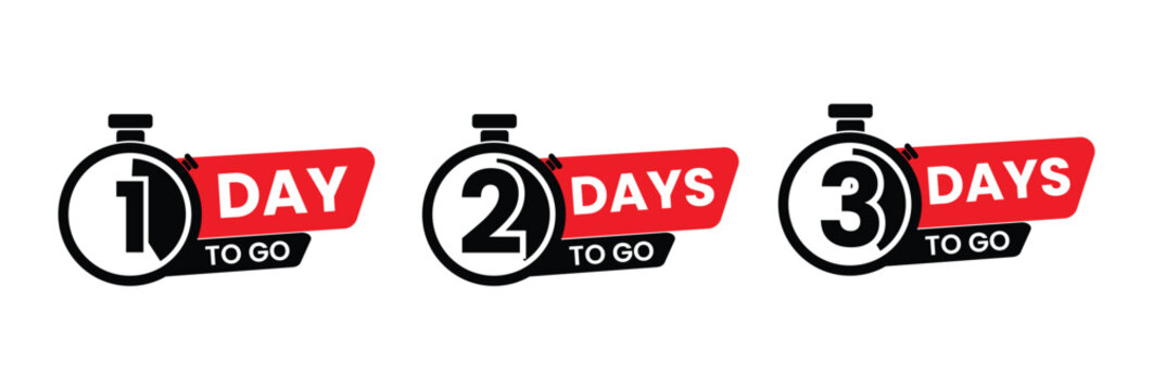 Countdown Timer Labels | 1 Day, 2 Days, 3 Days to Go Icons | Event Reminder Vector Set
