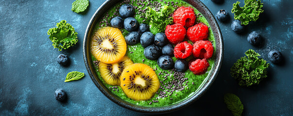 Vibrant smoothie bowl topped with fresh fruits and greens, showcasing a nutritious and colorful meal option.