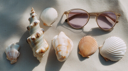 Obraz premium flat lay of seashells and sunglasses on sandy beach, soft natural light, pastel summer tones