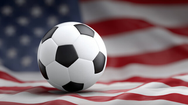 Classic soccer ball lying on a slightly wrinkled United States flag, representing american soccer and international competitions