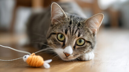 Playful tabby cat batting colorful toy fish, dangling from string, highlighting feline curiosity and playful interaction with owner