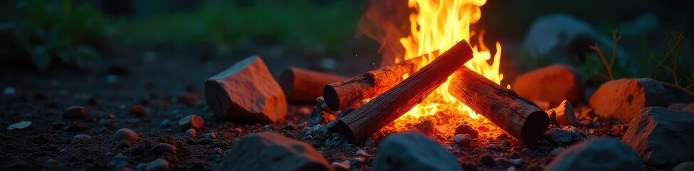 A vibrant, crackling campfire with glowing embers and orange flames licking at stacked firewood logs, creating a warm, inviting ambiance , woods, wood