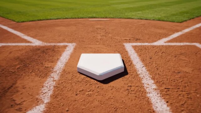 Home Plate on Baseball Field - A close-up view of home plate on a baseball field, with the pitcher's mound and outfield visible in the background.