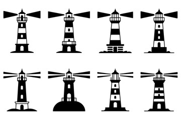 unique lighthouses silhouettes emitting light