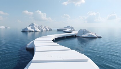 an ultra realistic 3d render of a sculptural path made of white stone, connecting islands across calm water, futuristic elegance.