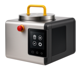 Compact tabletop reactor with a digital touch panel for small-scale medical waste treatment in a laboratory.