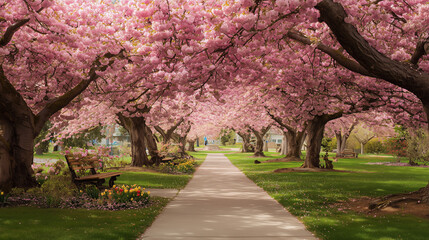 Naklejka premium A serene pathway lined with cherry blossom trees in full bloom, their pink flowers forming a breathtaking canopy over the walkway, with benches and tulips adding charm to the peaceful scene.