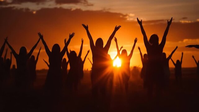 Silhouette of a woman dancing in a field at sunset. 4k video