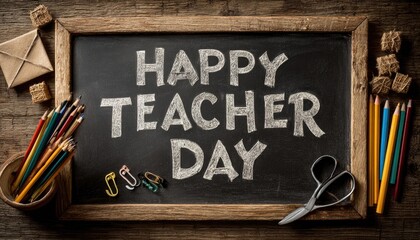 Blackboard background with congratulatory Happy Teacher's Day message, supplies scattered